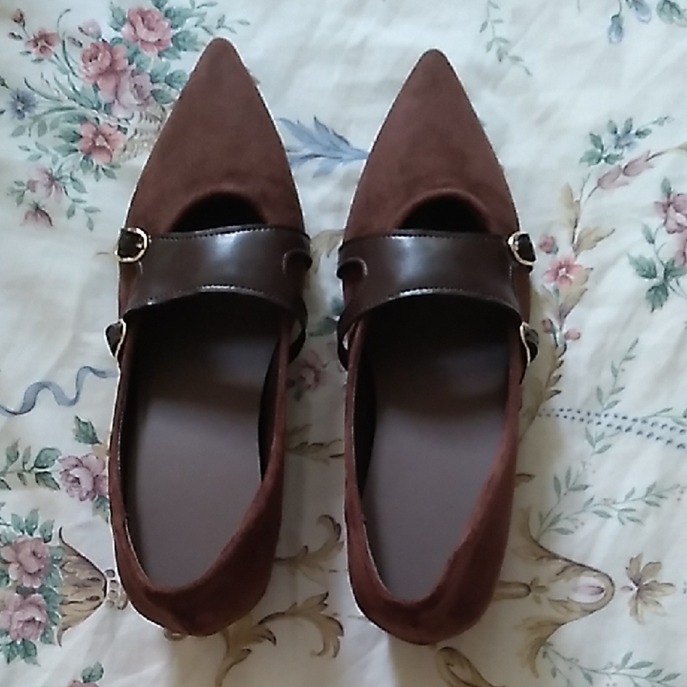 Pointed Brown Suede Flats with Buckle Strap